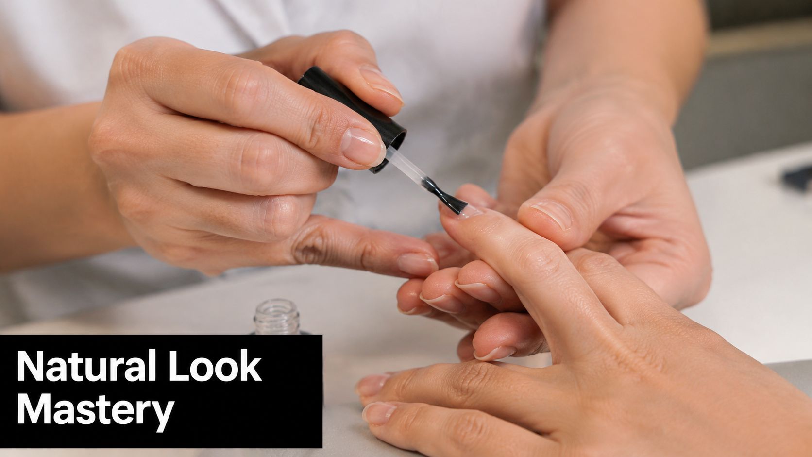 A professional manicurist carefully applying clear polish to a client's natural fingernails for a clean, elegant look.