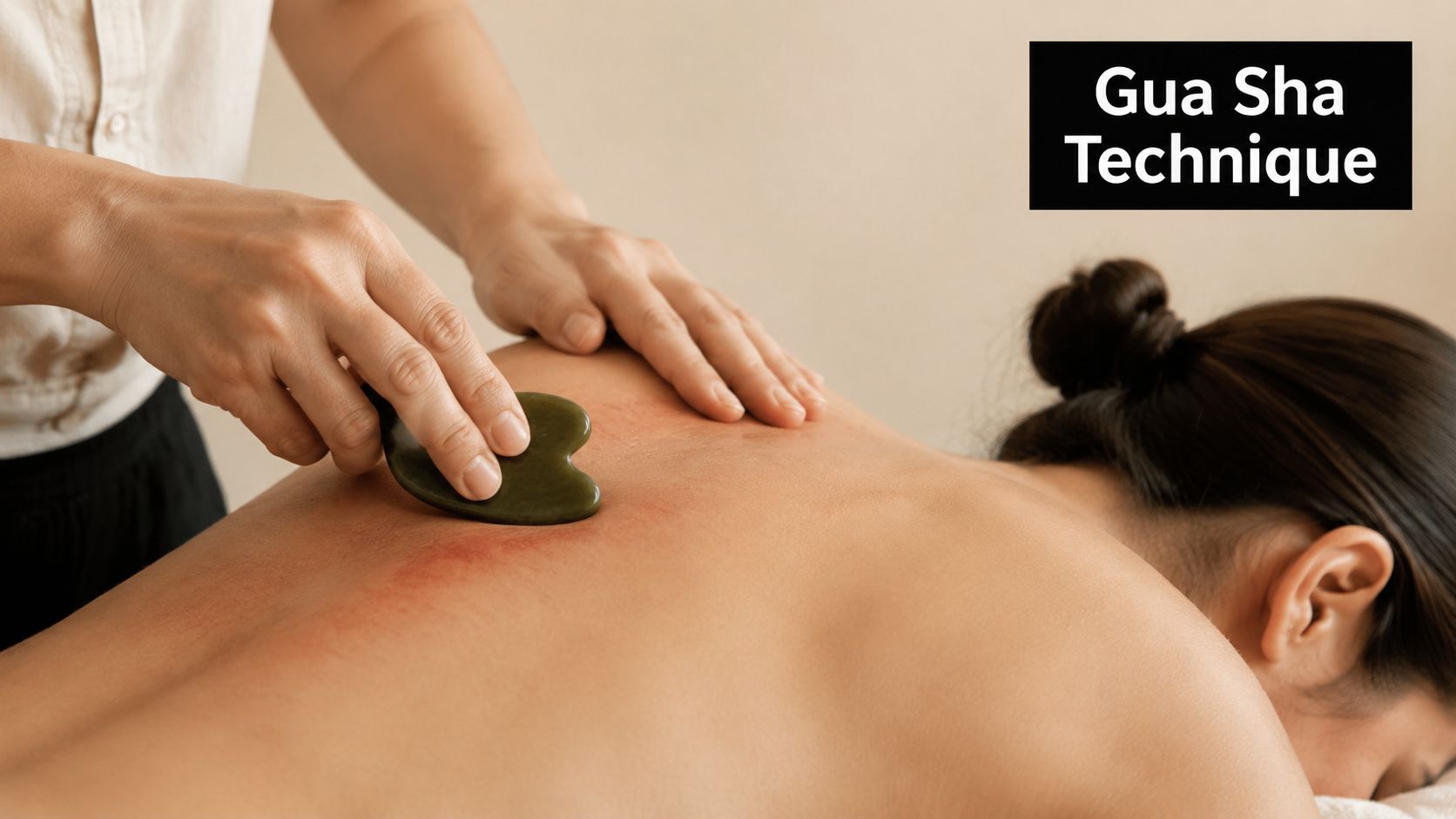 A professional massage therapist performing gua sha technique on a person's upper back with a jade stone.