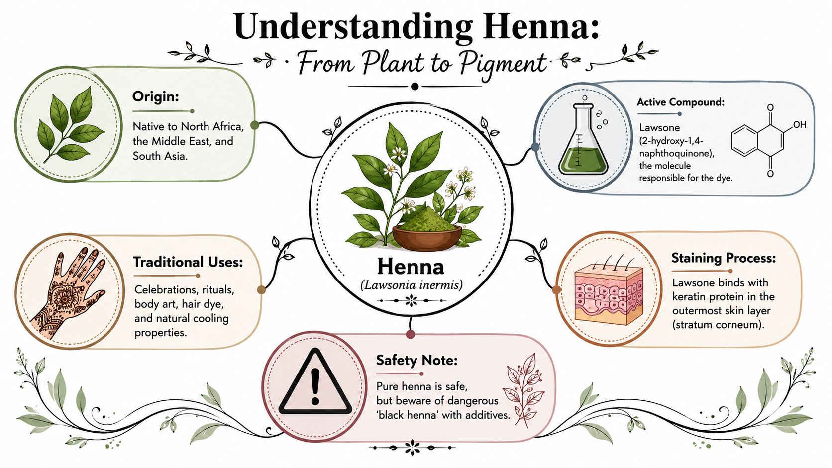 An infographic titled Understanding Henna illustrating its origin, active compound, traditional uses, staining process, and safety warnings.