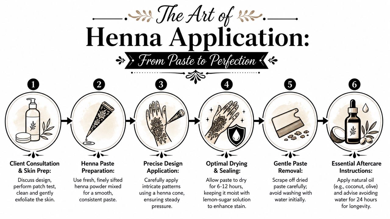 A six-step infographic guide detailing the process of henna application from skin preparation to post-care.
