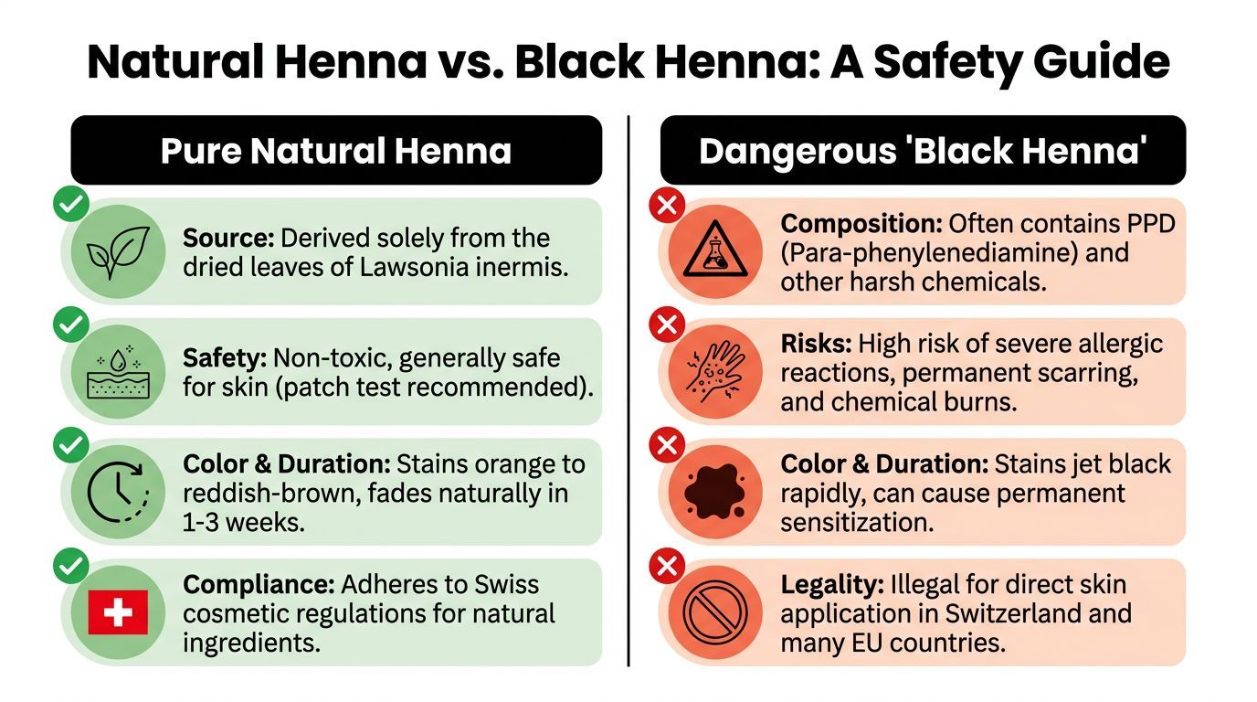 A comparison chart outlining the safety differences between natural henna and dangerous black henna products.