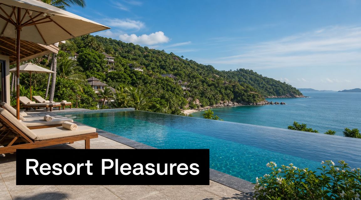 A stunning luxury infinity pool overlooking a tropical hillside with villas and the deep blue ocean.