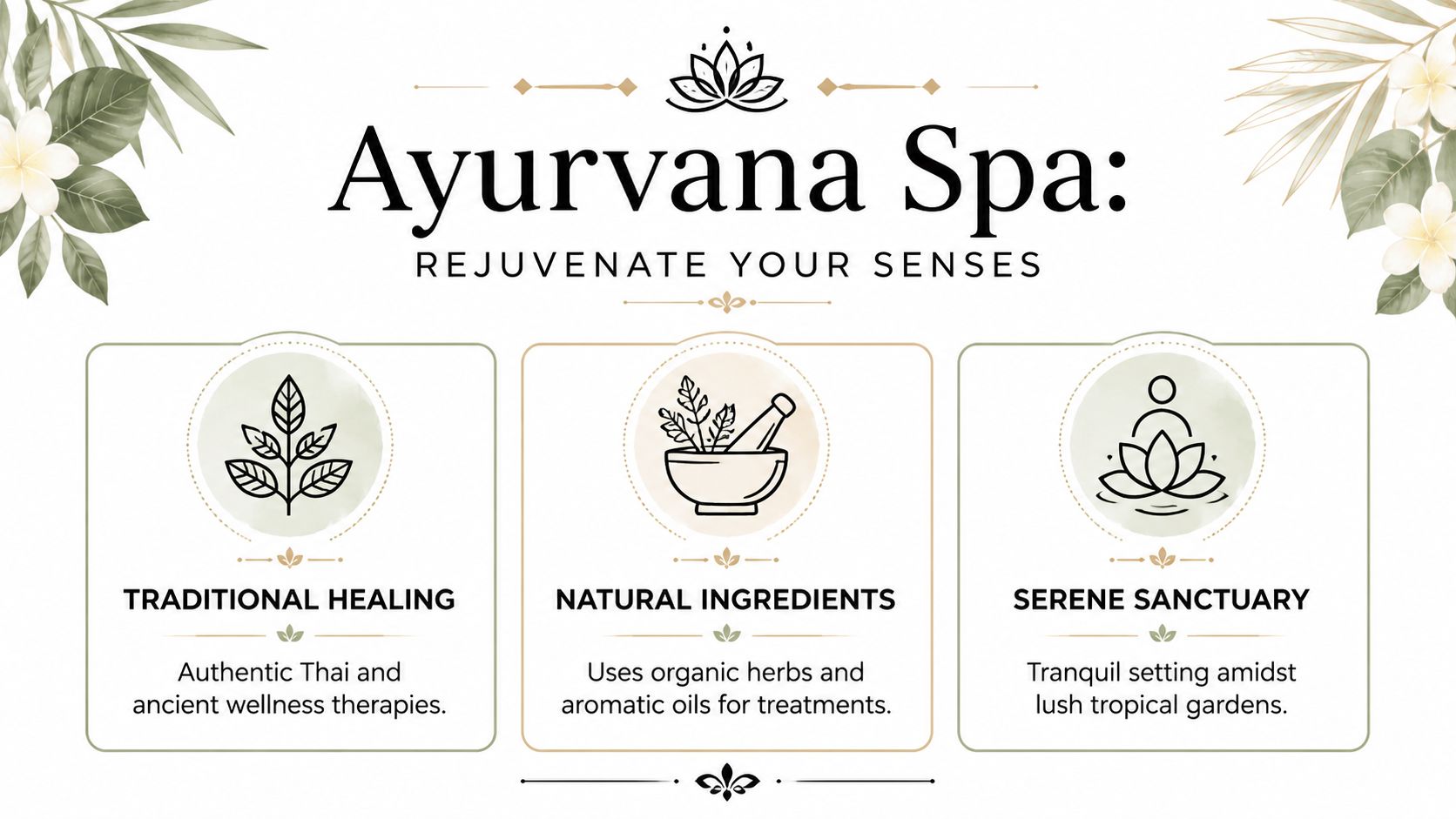 An elegant promotional banner for Ayurvana Spa, featuring descriptions of traditional healing, natural ingredients, and a serene sanctuary.