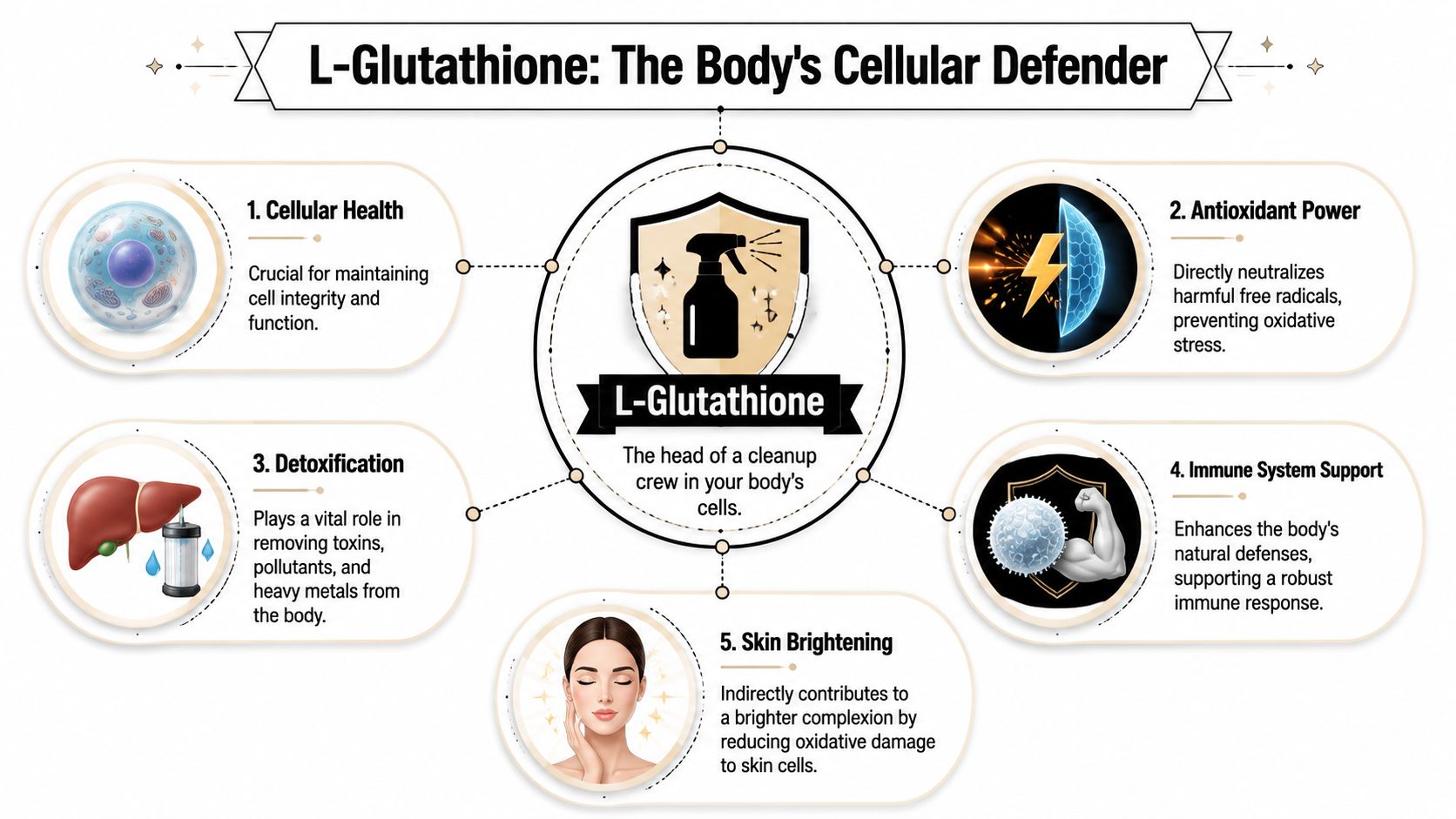 An infographic titled L-Glutathione: The Body's Cellular Defender detailing its health benefits including detoxification and immune support.