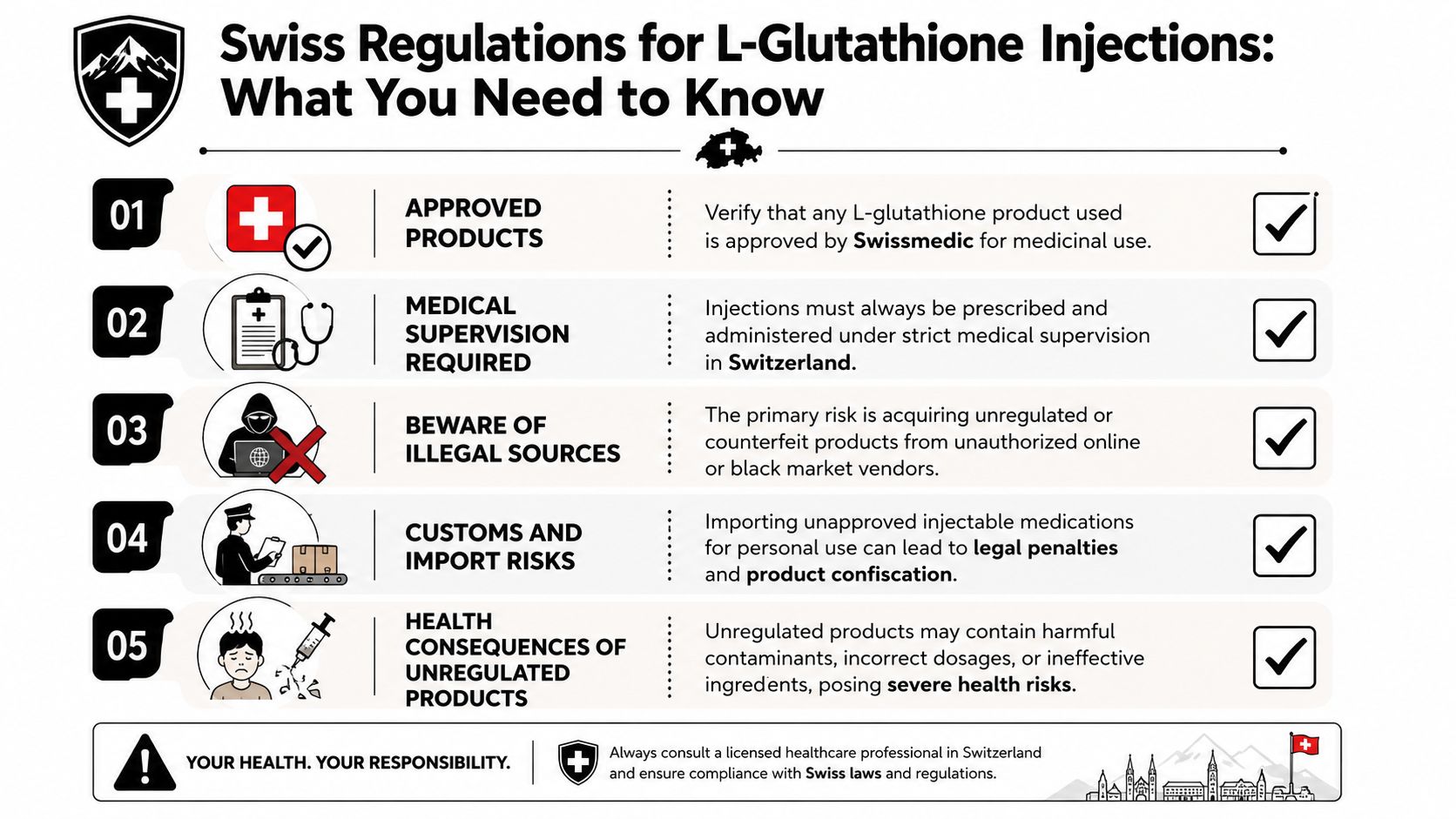 An infographic detailing Swiss regulations for L-Glutathione injections, highlighting medical safety, legal compliance, and health risks.