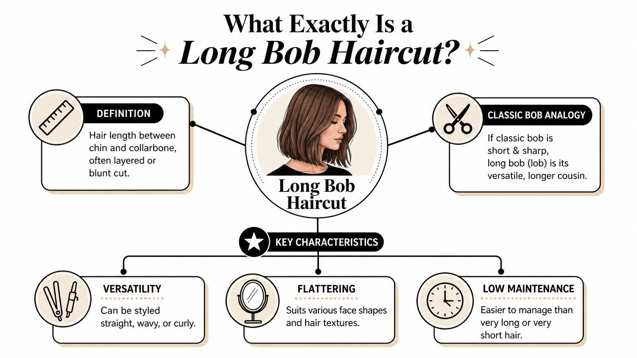 An infographic explaining the definition, analogy, and key characteristics of a long bob haircut for women.