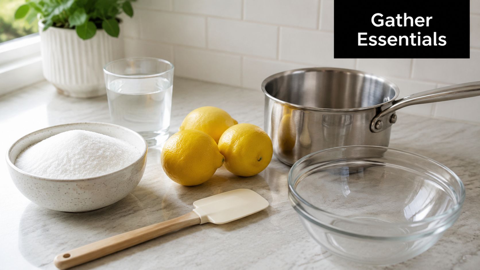 Ingredients for DIY sugaring wax including a bowl of sugar, fresh lemons, water, and a spatula.