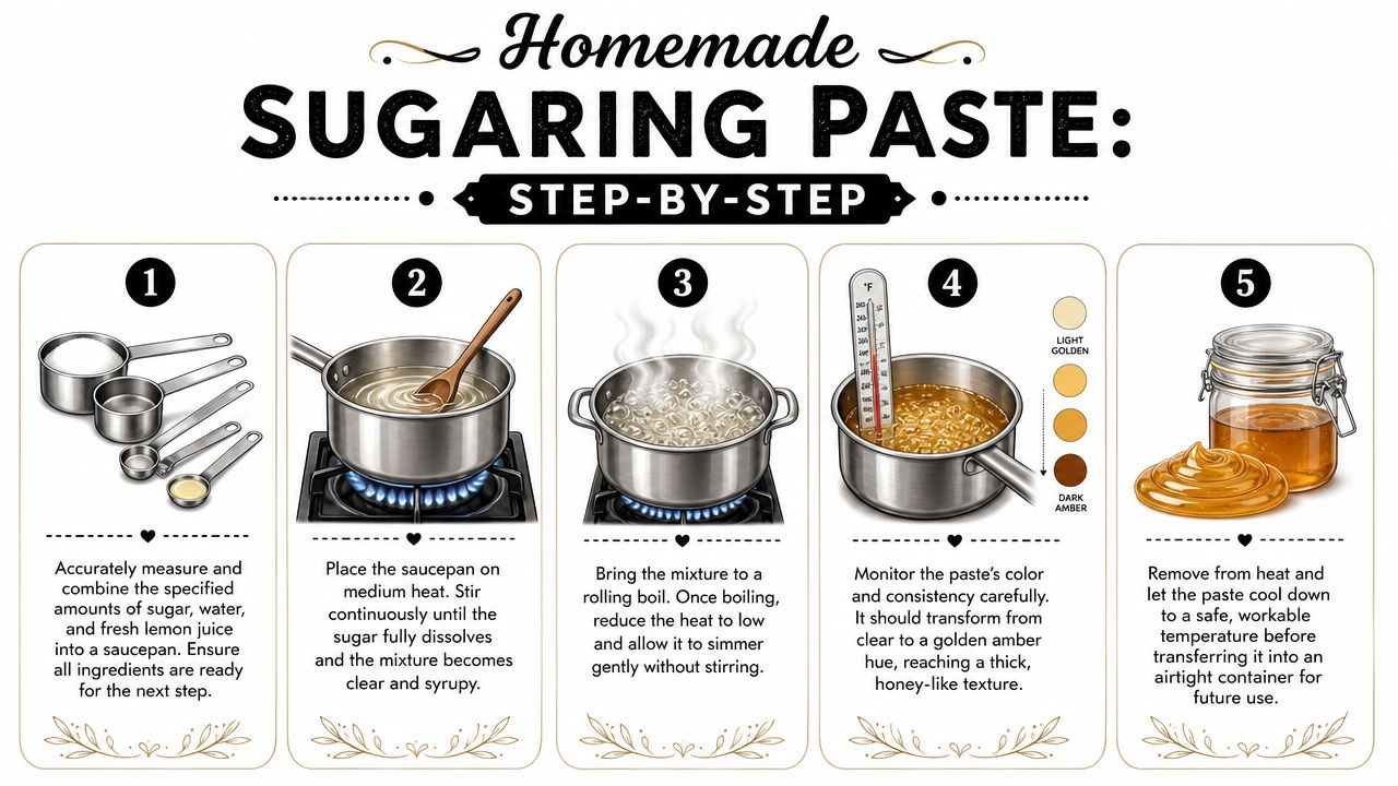A five-step instructional guide on how to make homemade sugaring paste for hair removal.