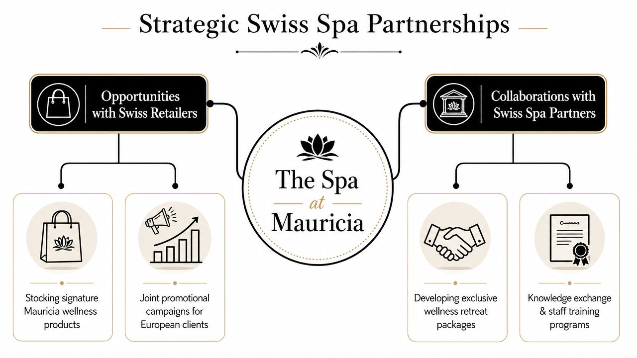 A strategic business diagram outlining partnership opportunities between The Spa at Mauricia and Swiss retail and spa entities.