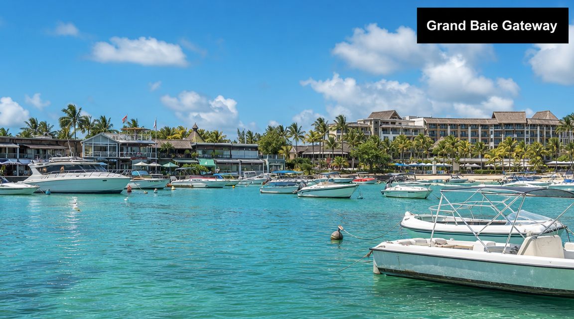 A scenic view of boats moored in the clear turquoise water at the Mauricia Beachcomber Resort and Spa.