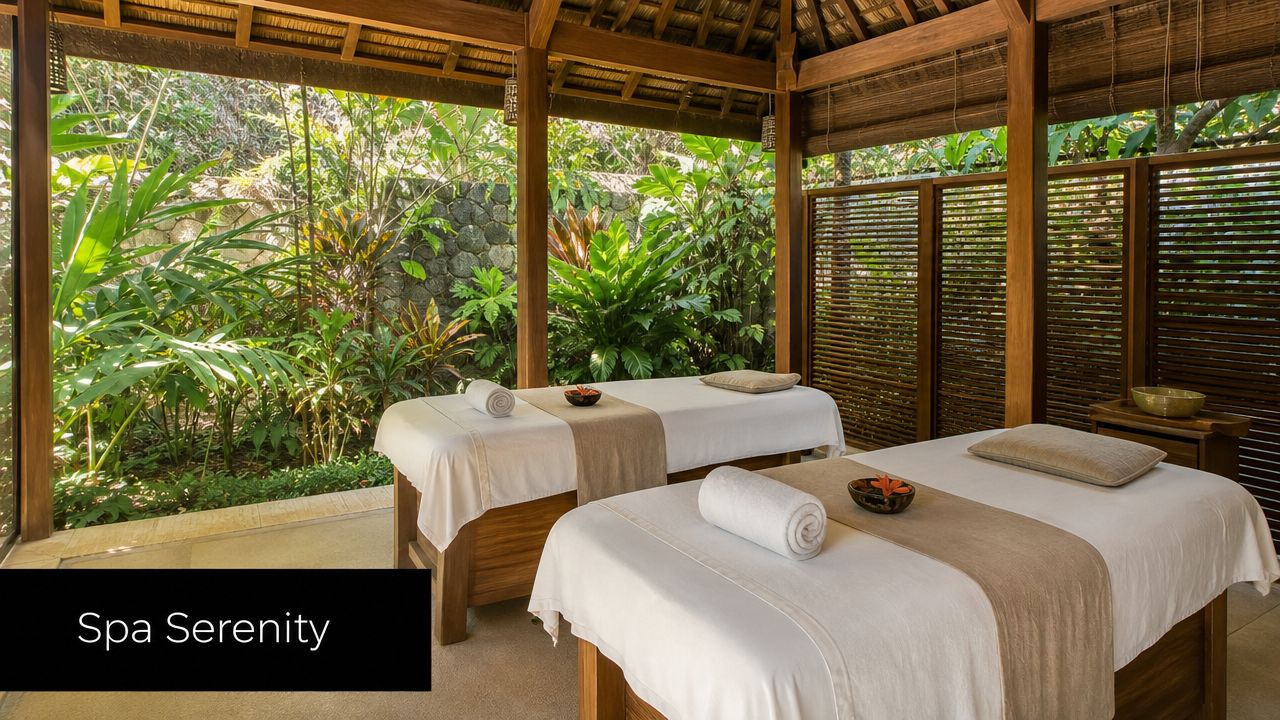 A serene tropical spa room with two massage tables facing a lush green garden and wooden screens.
