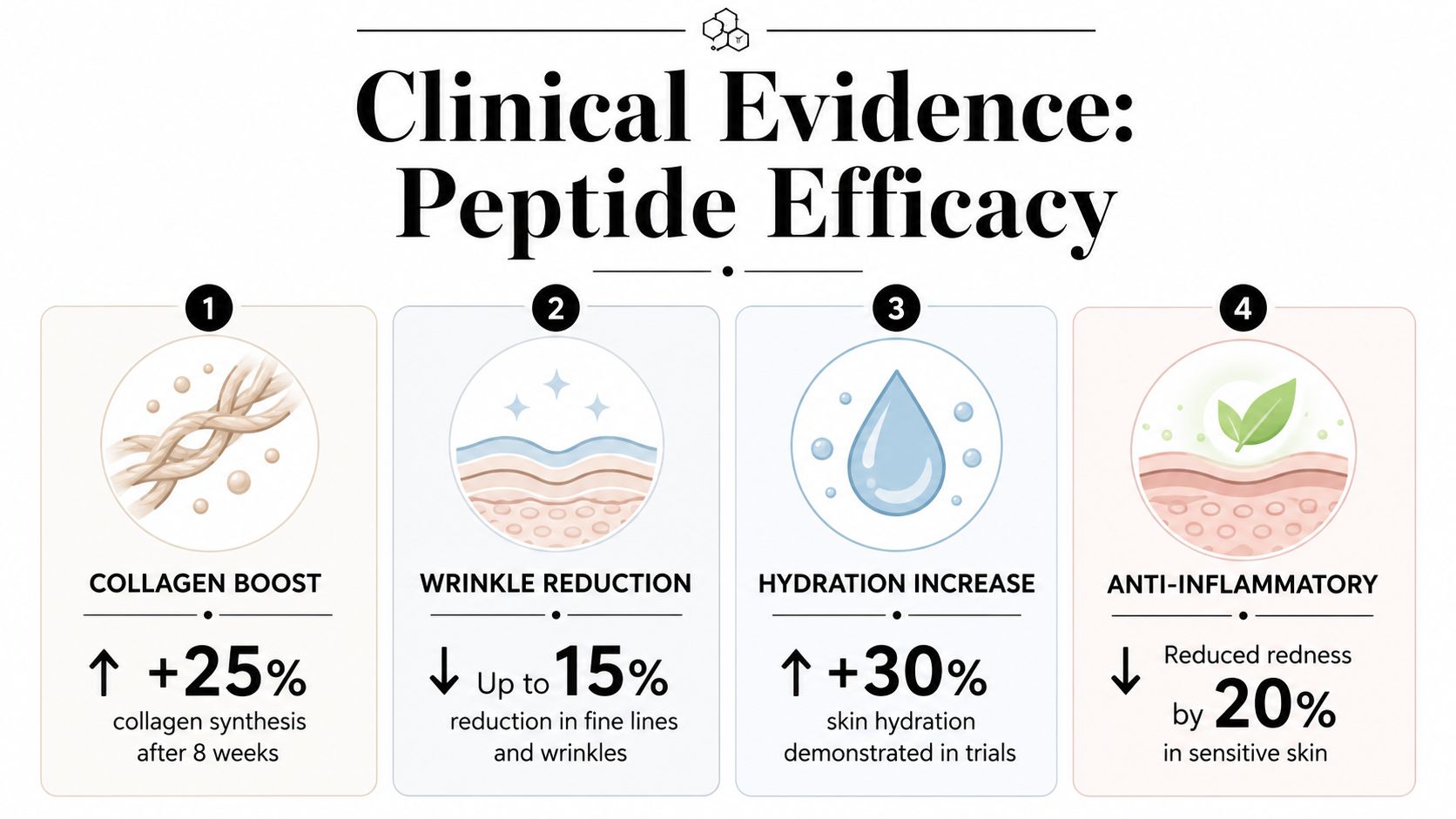 A clinical infographic detailing the four primary skin care benefits of using peptides on human skin.