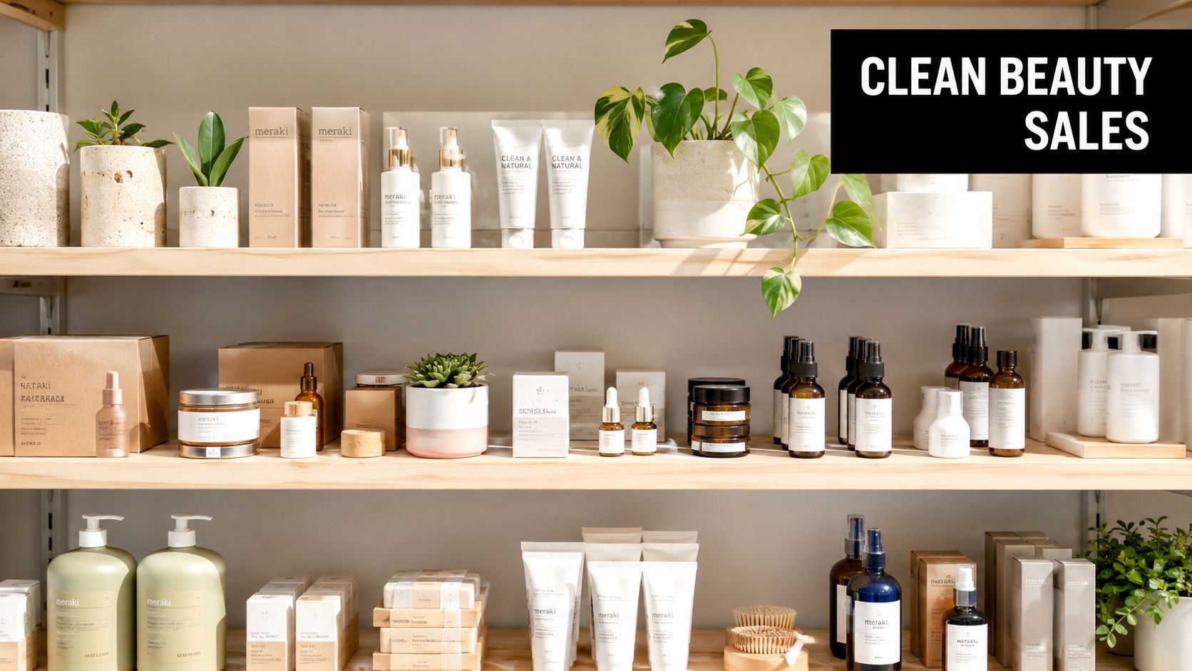 Shelves display skincare products and potted plants in a clean, minimalist, and well-lit modern shop environment.
