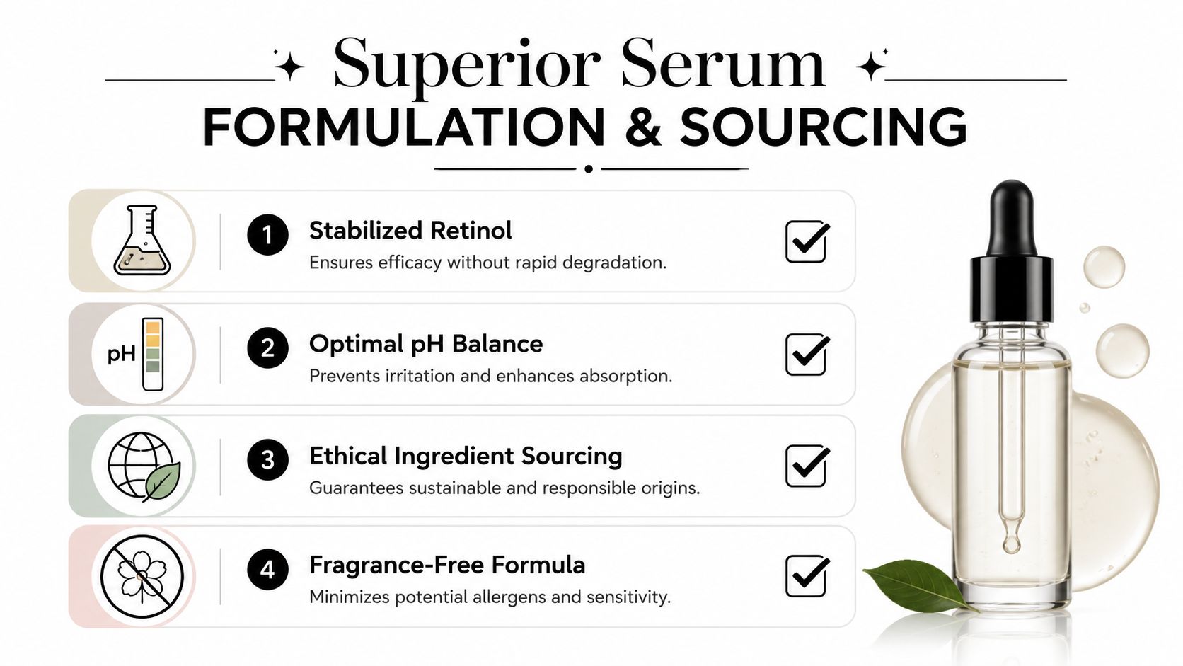 A professional infographic detailing four key formulation and sourcing benefits of a premium retinol facial serum.