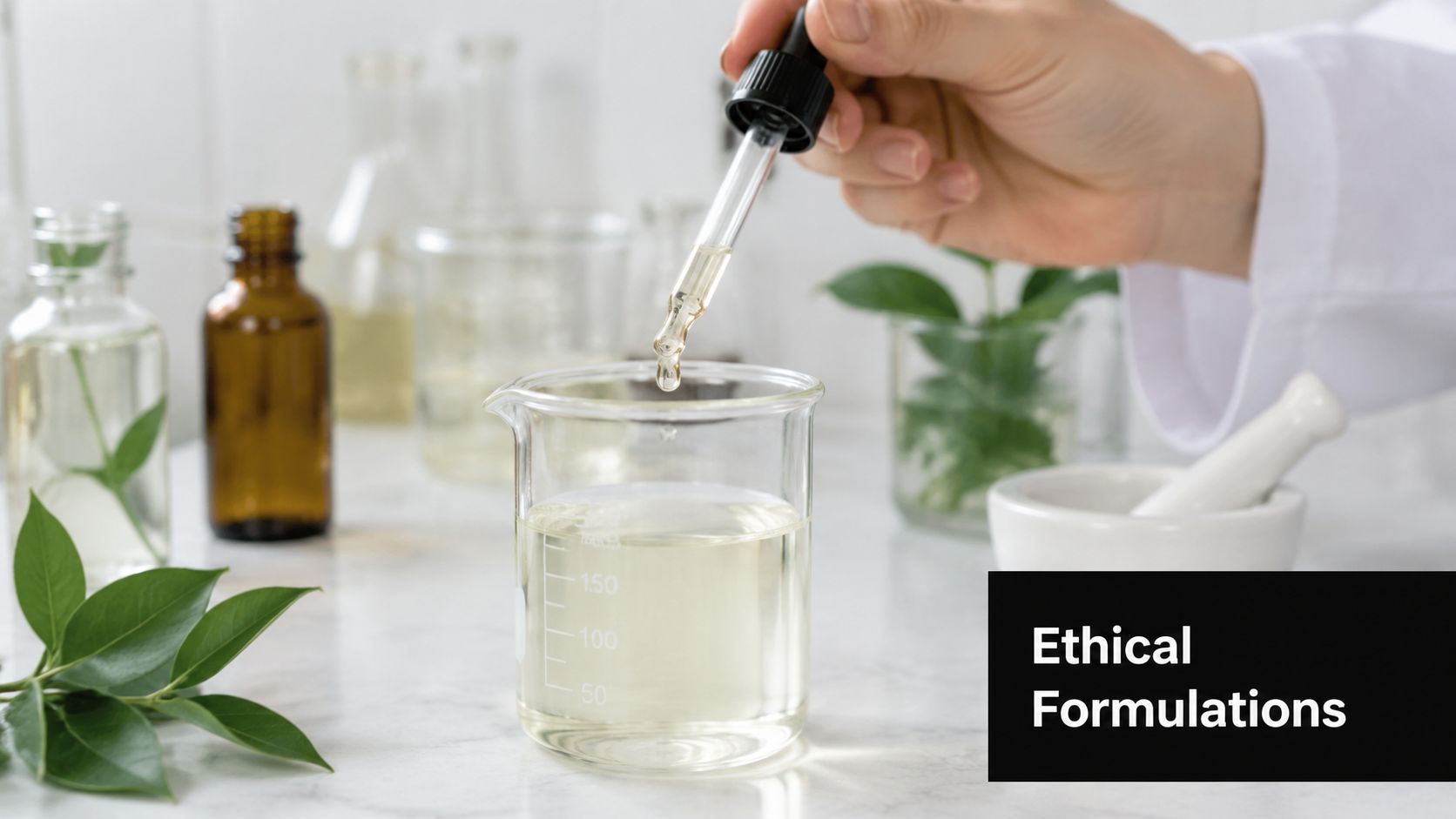A scientist's hand uses a dropper to add a liquid extract into a glass beaker of serum.