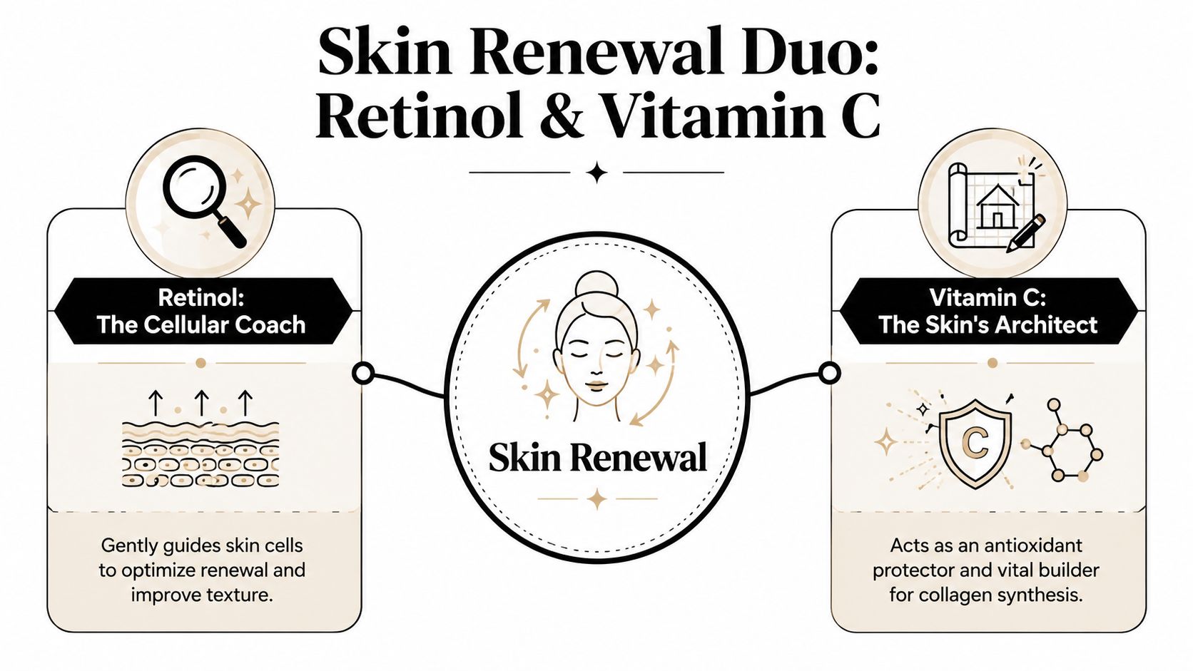 A graphic explaining the skin renewal benefits of using a retinol and vitamin C combination for skincare.