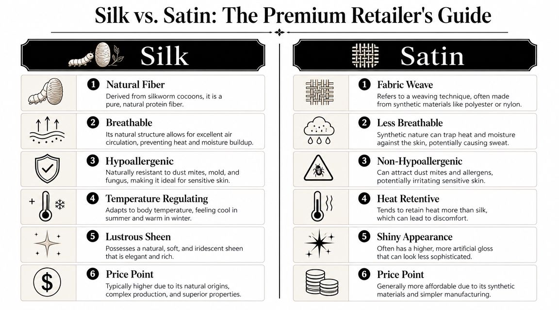 A comparison chart outlining the key differences between natural silk fabric and synthetic satin materials.