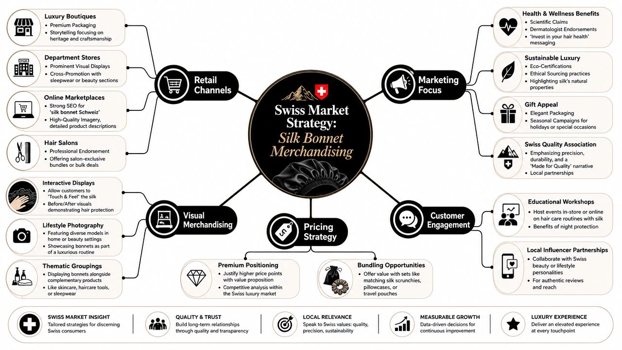 A strategic business mind map outlining market entry and growth strategies for silk hair bonnets in Switzerland.