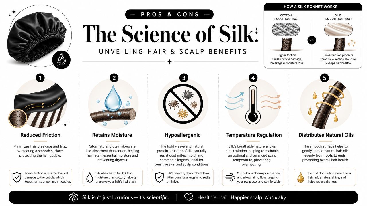 An infographic detailing five key benefits of using a silk hair bonnet for healthy hair and scalp.