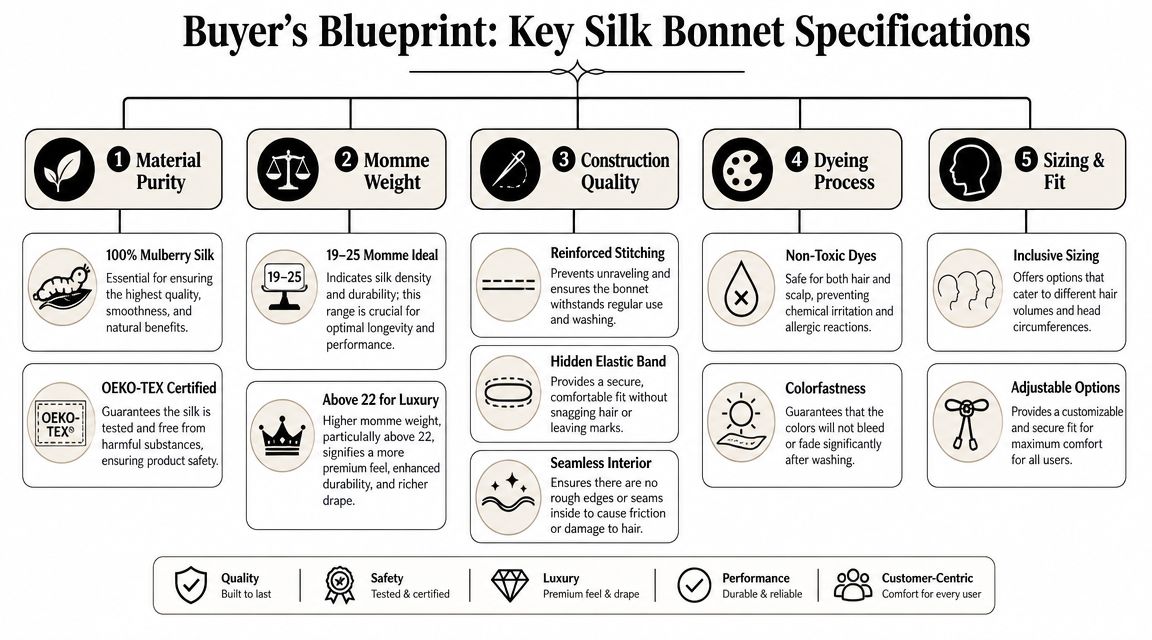 A detailed infographic titled Buyer's Blueprint illustrating five key quality specifications for choosing a silk hair bonnet.