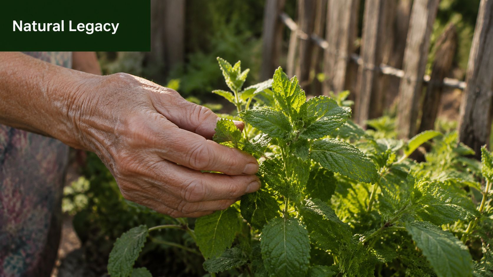 An elderly person gently touching fresh green mint leaves in a sunlit garden setting.