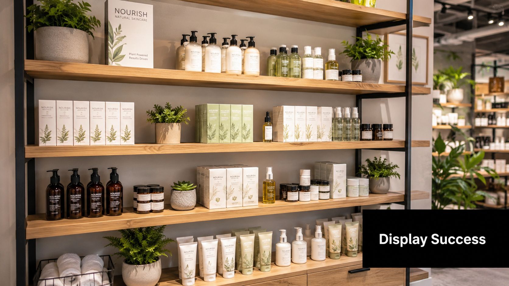 A neatly arranged display of Nourish natural skincare products on wooden shelves with small decorative green plants.