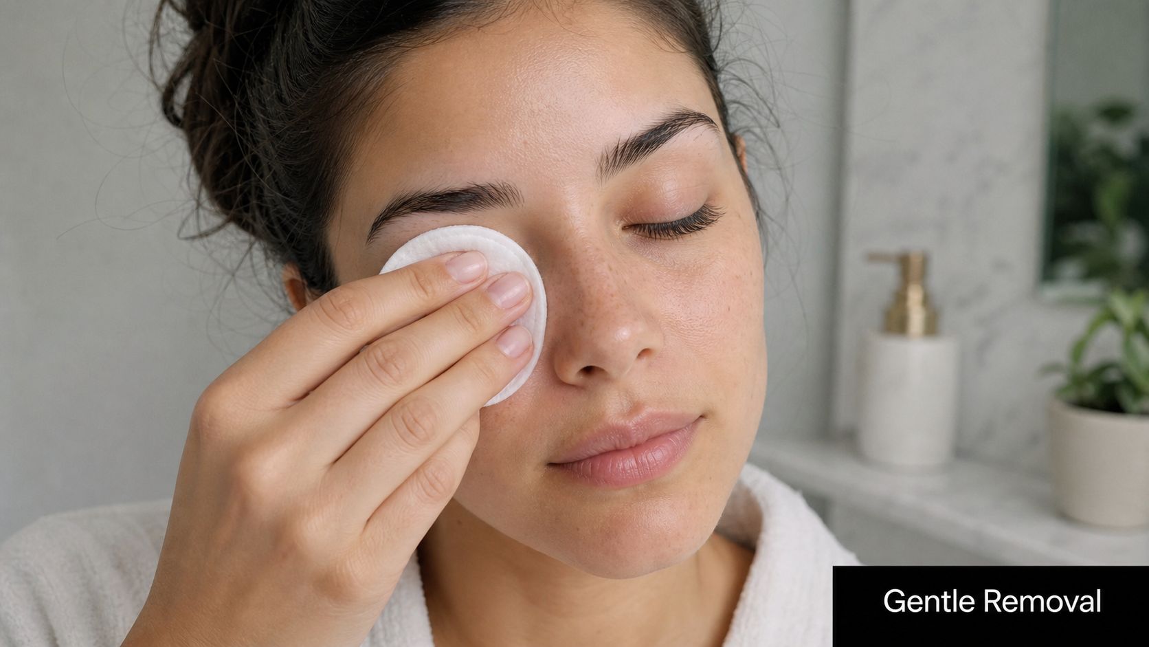 A woman gently removing waterproof makeup from her closed eye using a soft cotton round pad.