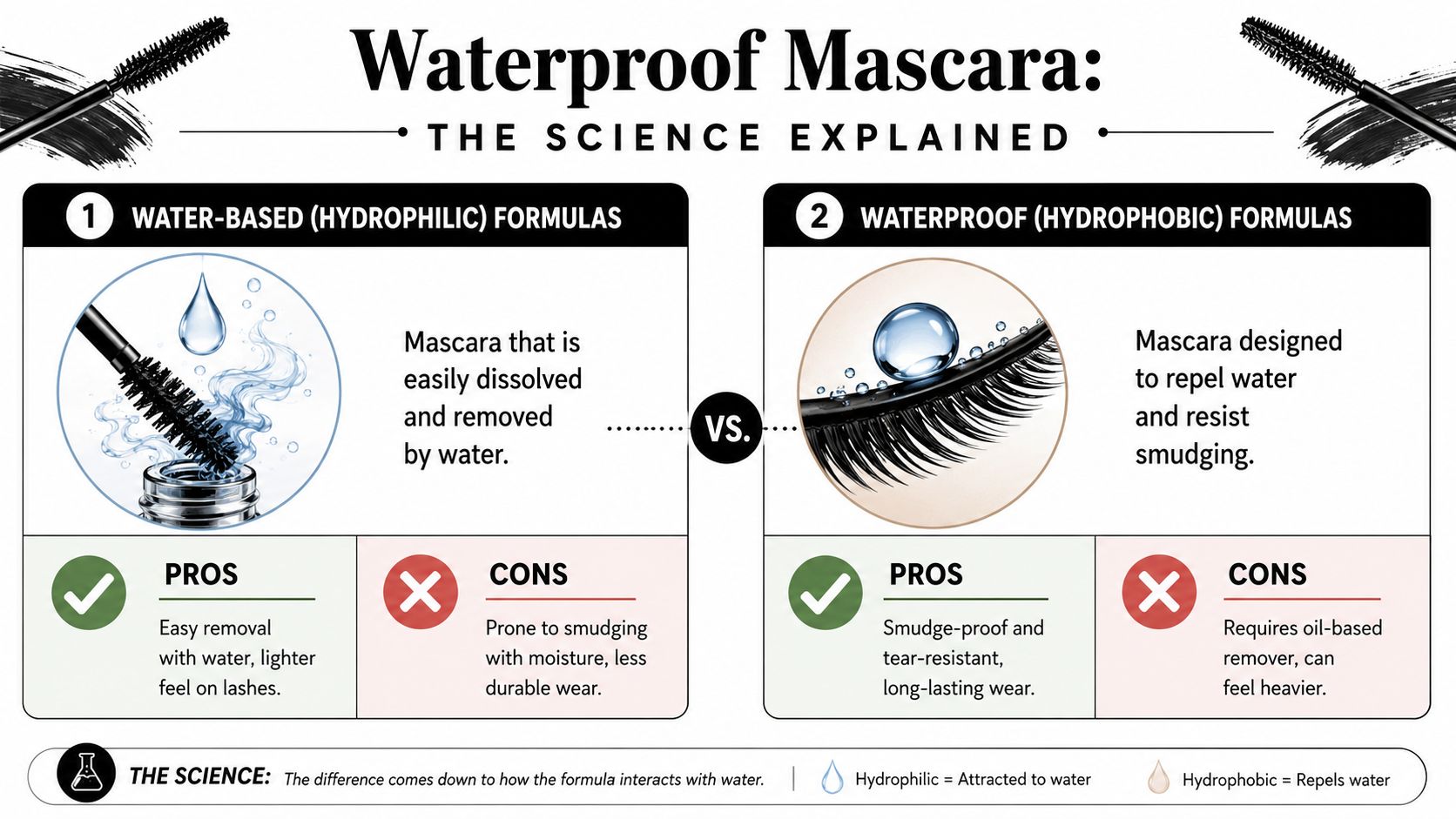An infographic comparing water-based hydrophilic mascara with waterproof hydrophobic mascara, highlighting pros and cons of each formula.