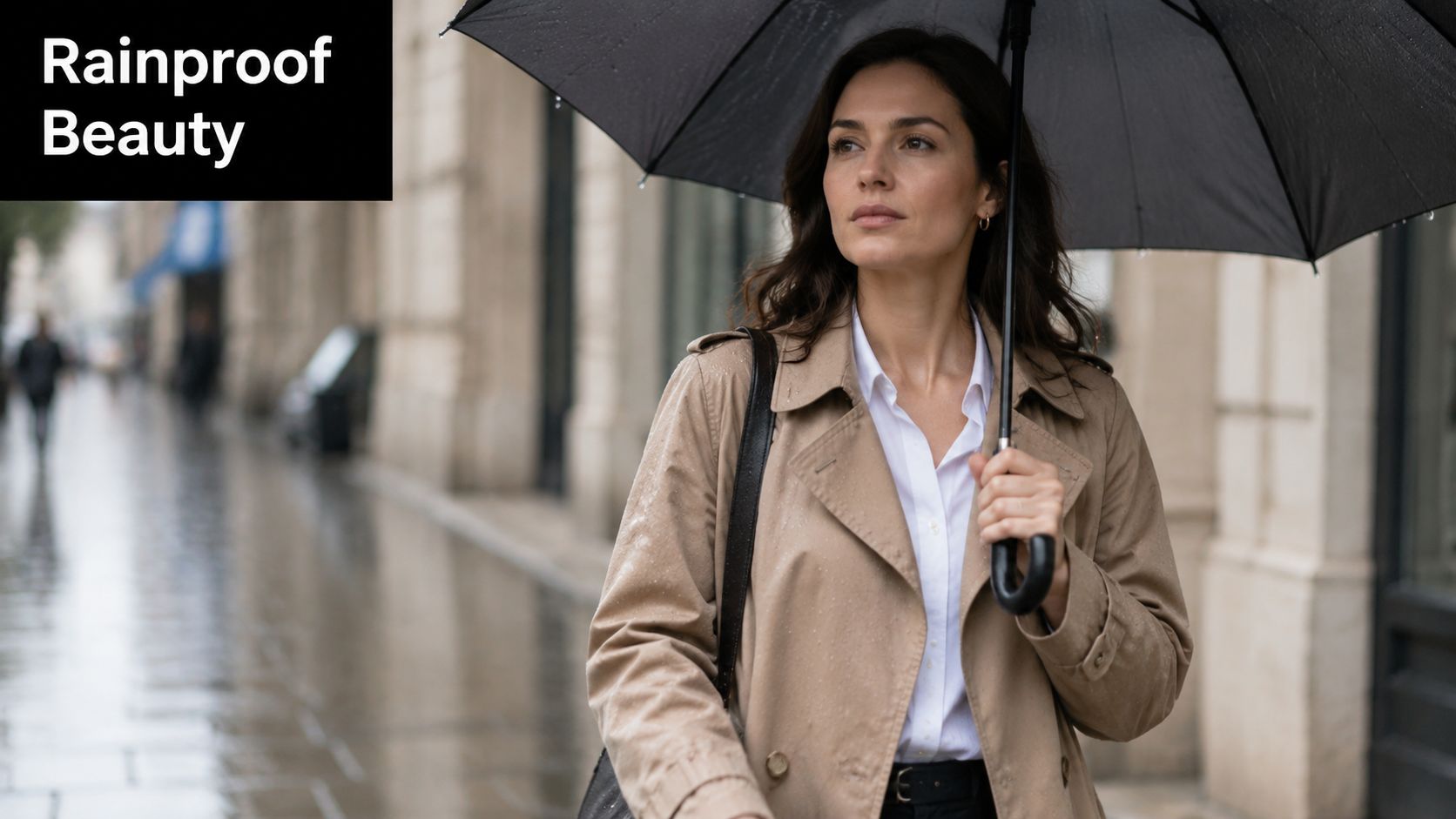 A woman in a beige trench coat holds a black umbrella while walking on a rainy street.