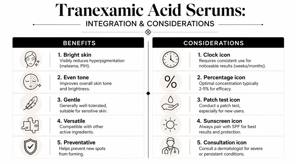 An informative infographic detailing the benefits and usage considerations for applying tranexamic acid serums on skin.