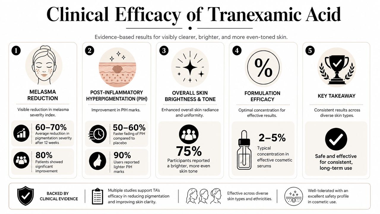 An infographic detailing the clinical efficacy of tranexamic acid for skin brightening and hyperpigmentation reduction.