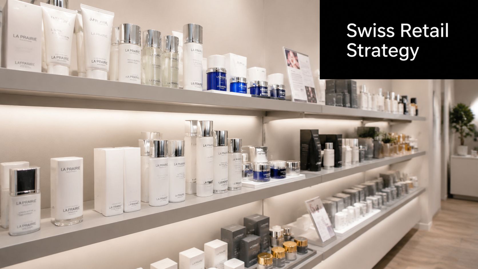 A well-organized retail shelf displaying various high-end La Prairie skincare products in a brightly lit store.