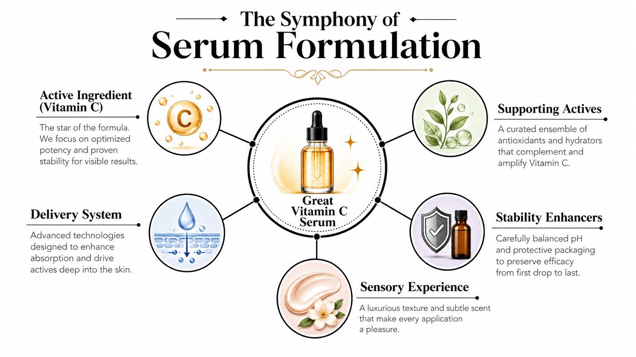 An infographic detailing the key components of a high-quality Vitamin C serum formulation for skincare.