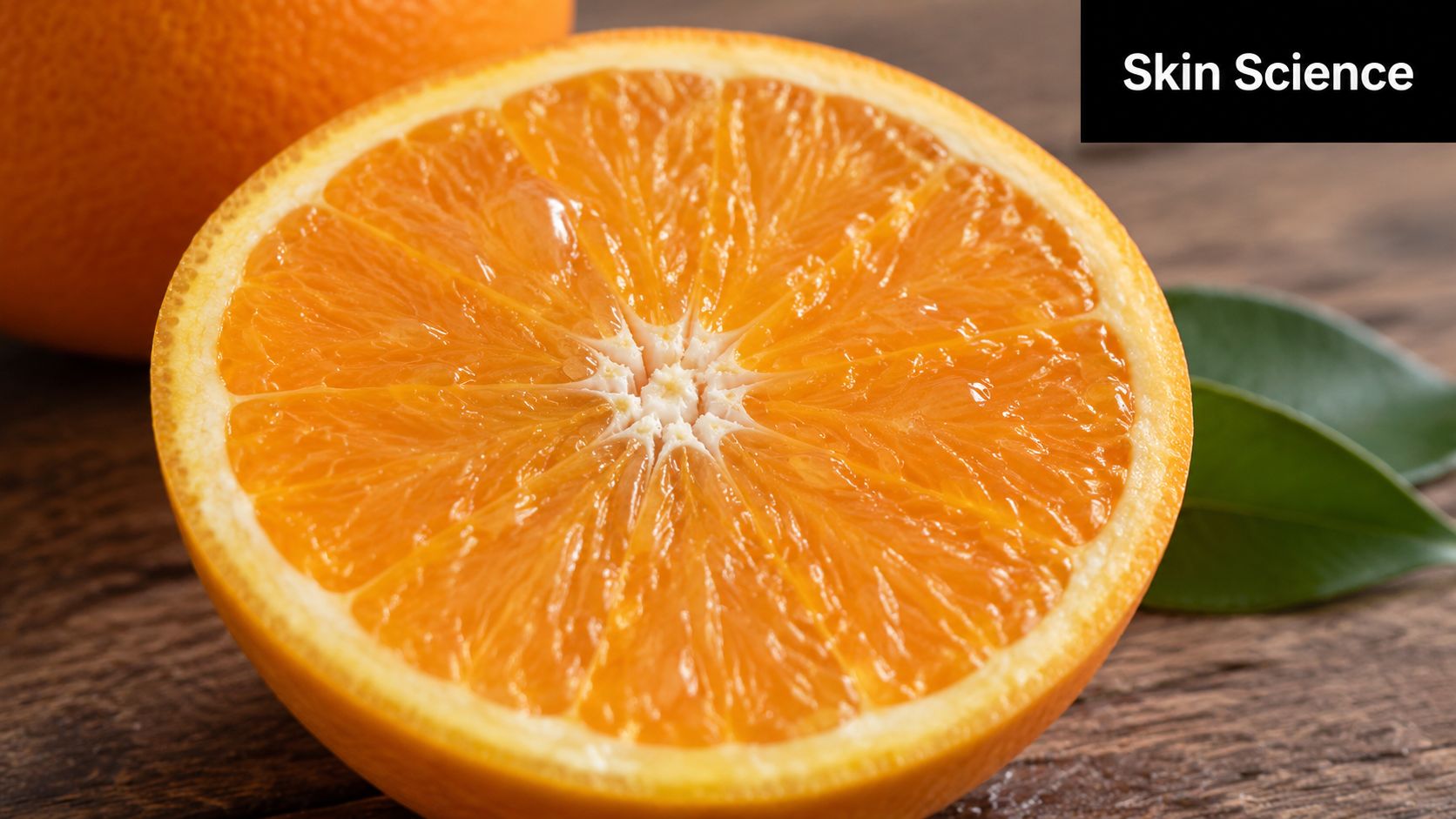 A close-up shot of a sliced orange on a wooden surface with a green leaf.