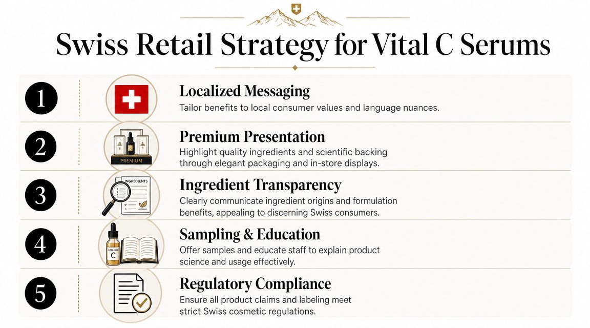 A five-point infographic detailing the Swiss retail strategy for promoting and selling Vital C serum products.