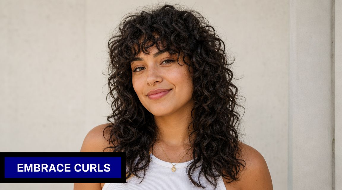 A smiling young woman with voluminous dark curly hair styled in a modern wolf cut haircut.