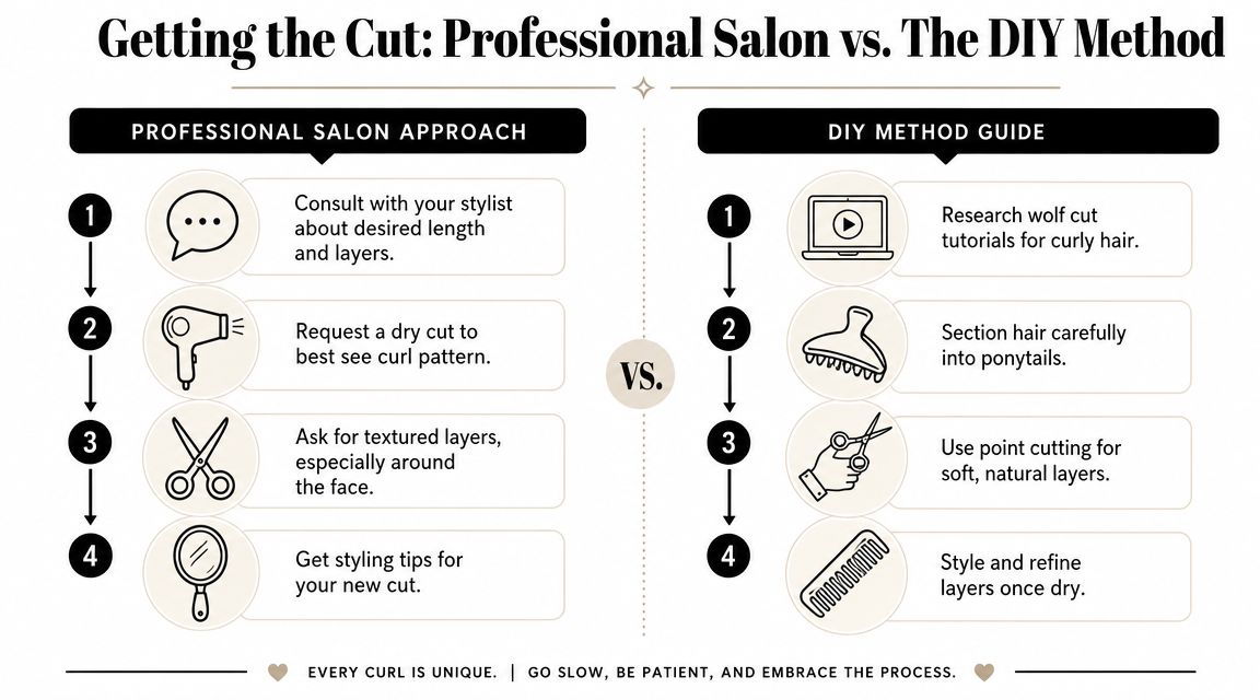 A comparison infographic showing steps for a professional wolf cut salon visit versus DIY home cutting methods.