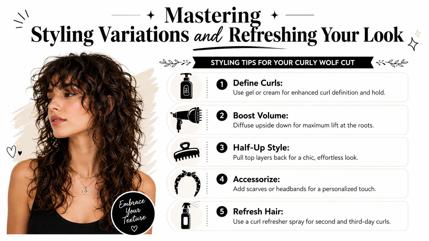 A woman with a curly wolf cut hairstyle next to a list of five styling tips.