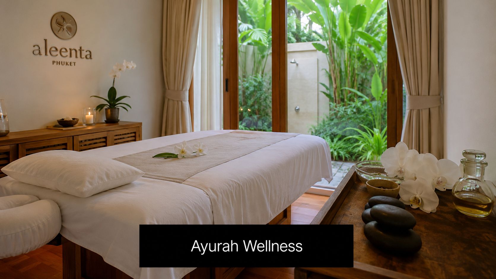 A serene massage therapy room at Aleenta Phuket Resort and Spa with a view of tropical greenery.