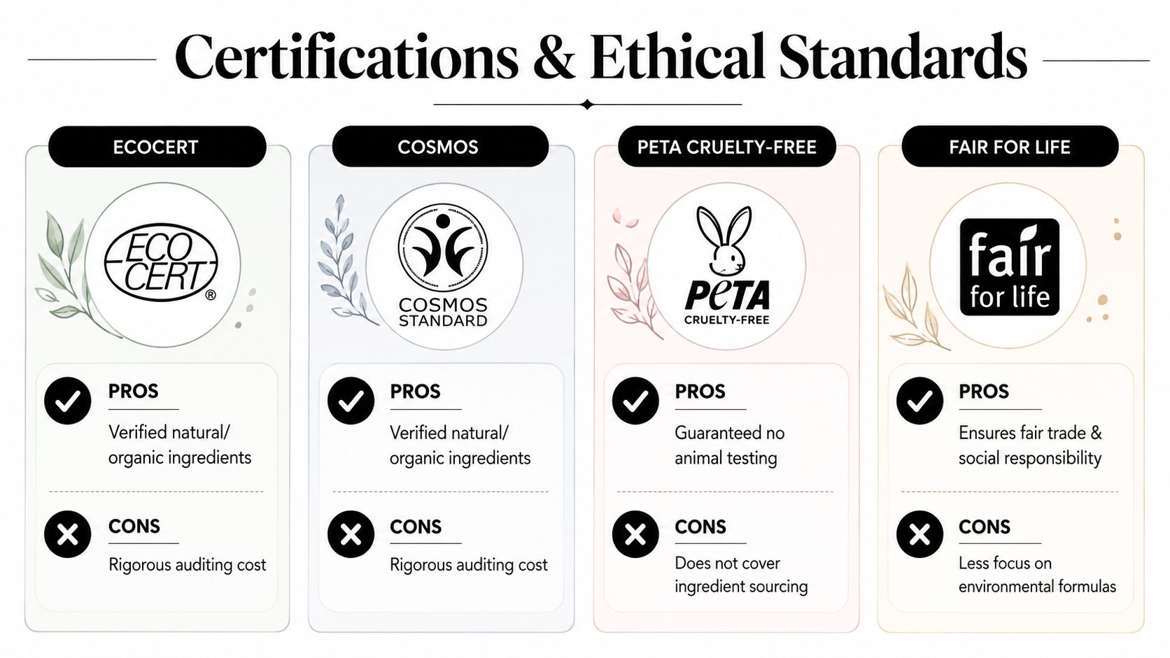 A chart comparing certifications and ethical standards including Ecocert, Cosmos, Peta Cruelty-Free, and Fair For Life.