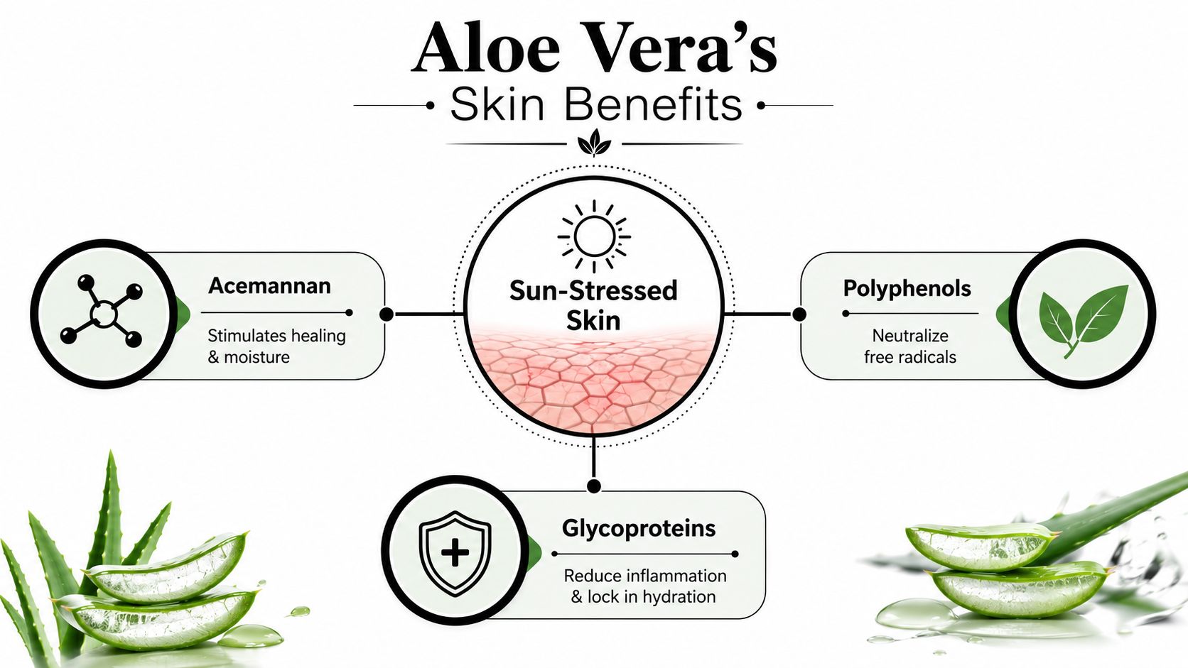 An infographic detailing how components in Aloe Vera help soothe and heal sun-stressed skin.