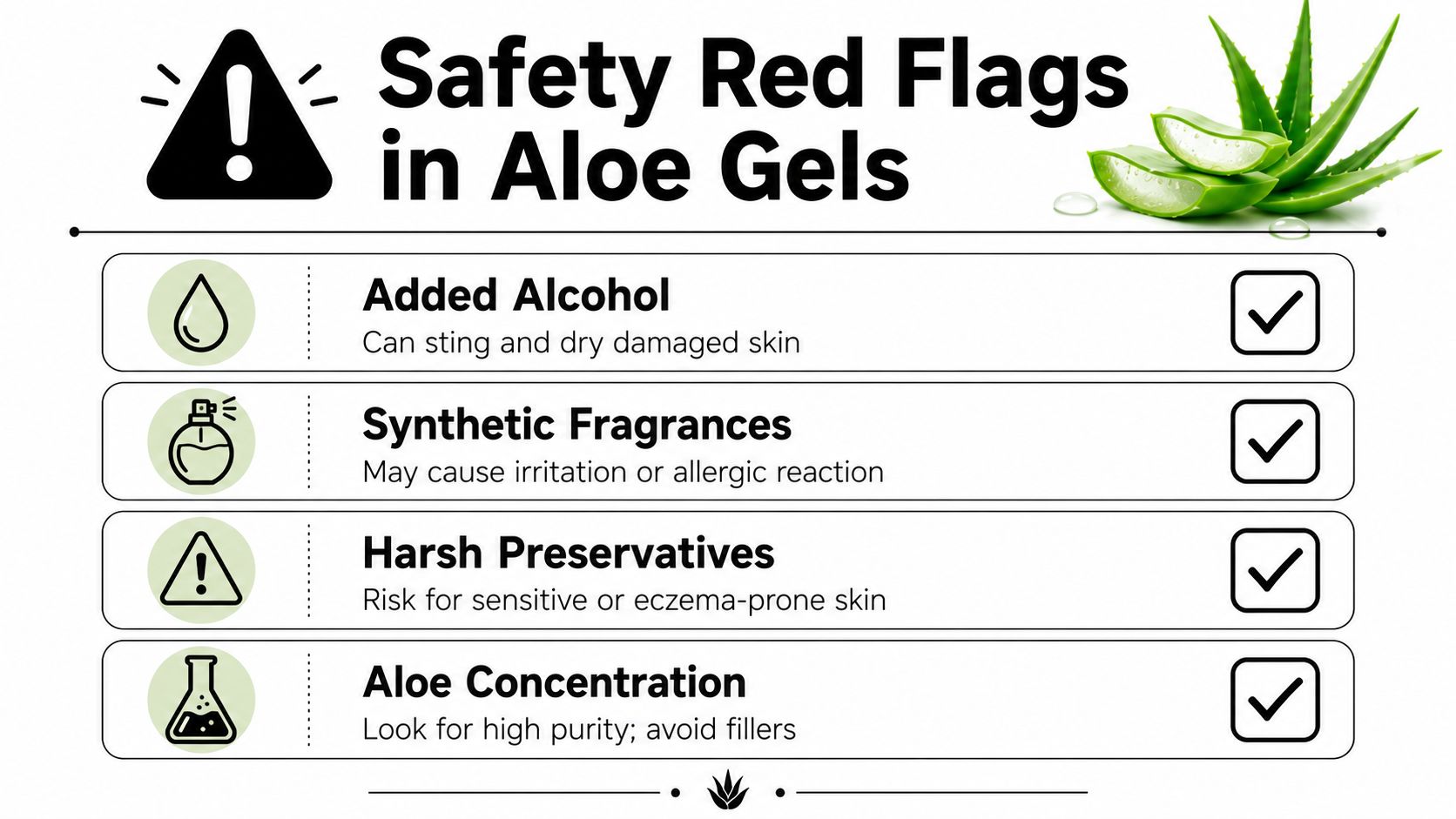 An infographic titled Safety Red Flags in Aloe Gels listing four ingredients to avoid in skincare.