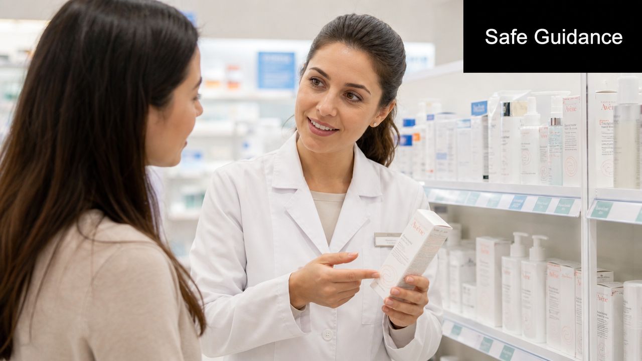 A pharmacist in a white coat provides professional skincare guidance to a customer in a pharmacy aisle.