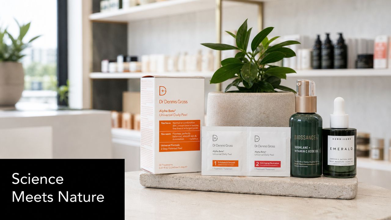 A product display featuring Dr Dennis Gross Alpha Beta peel pads, Biossance oil, and Herbivore Emerald facial oil.