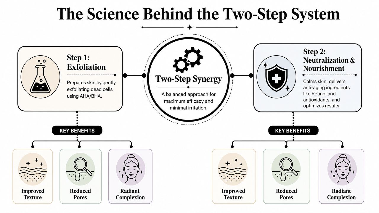 A diagram illustrating a two-step skincare system featuring exfoliation followed by neutralization and nourishment for radiant skin.