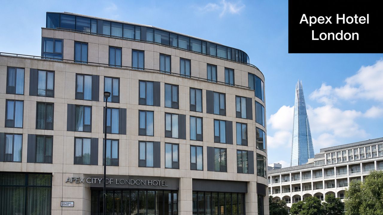 A modern building facade of the Apex City of London Hotel with the Shard skyscraper in background.