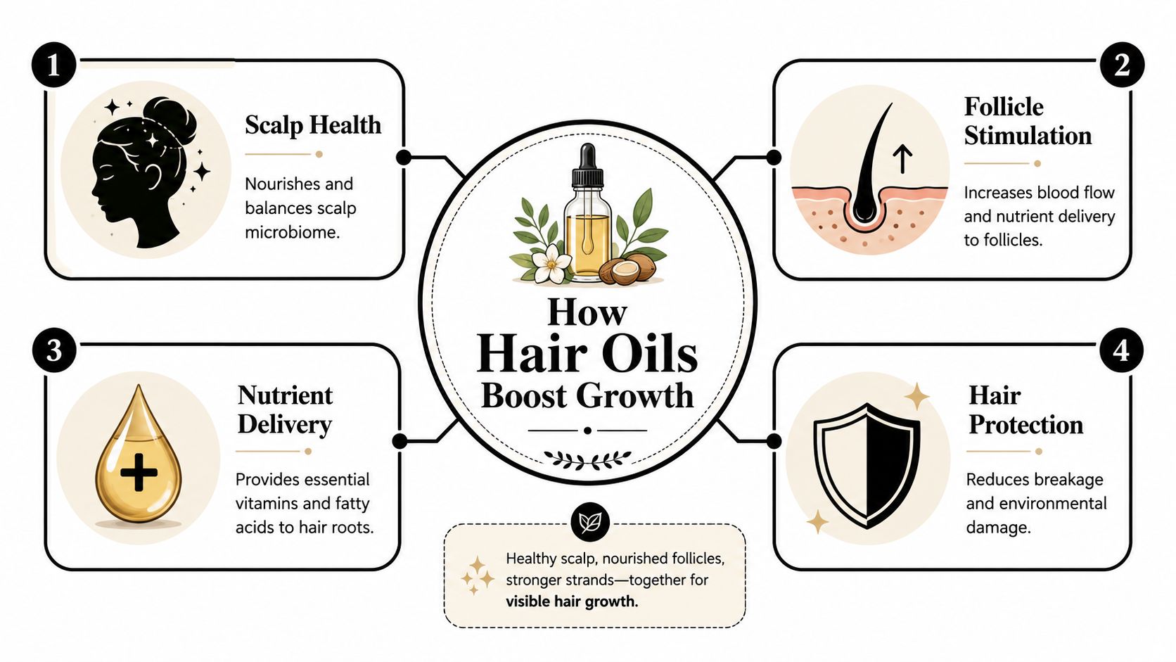 An infographic titled How Hair Oils Boost Growth showing four key benefits for scalp and hair health.