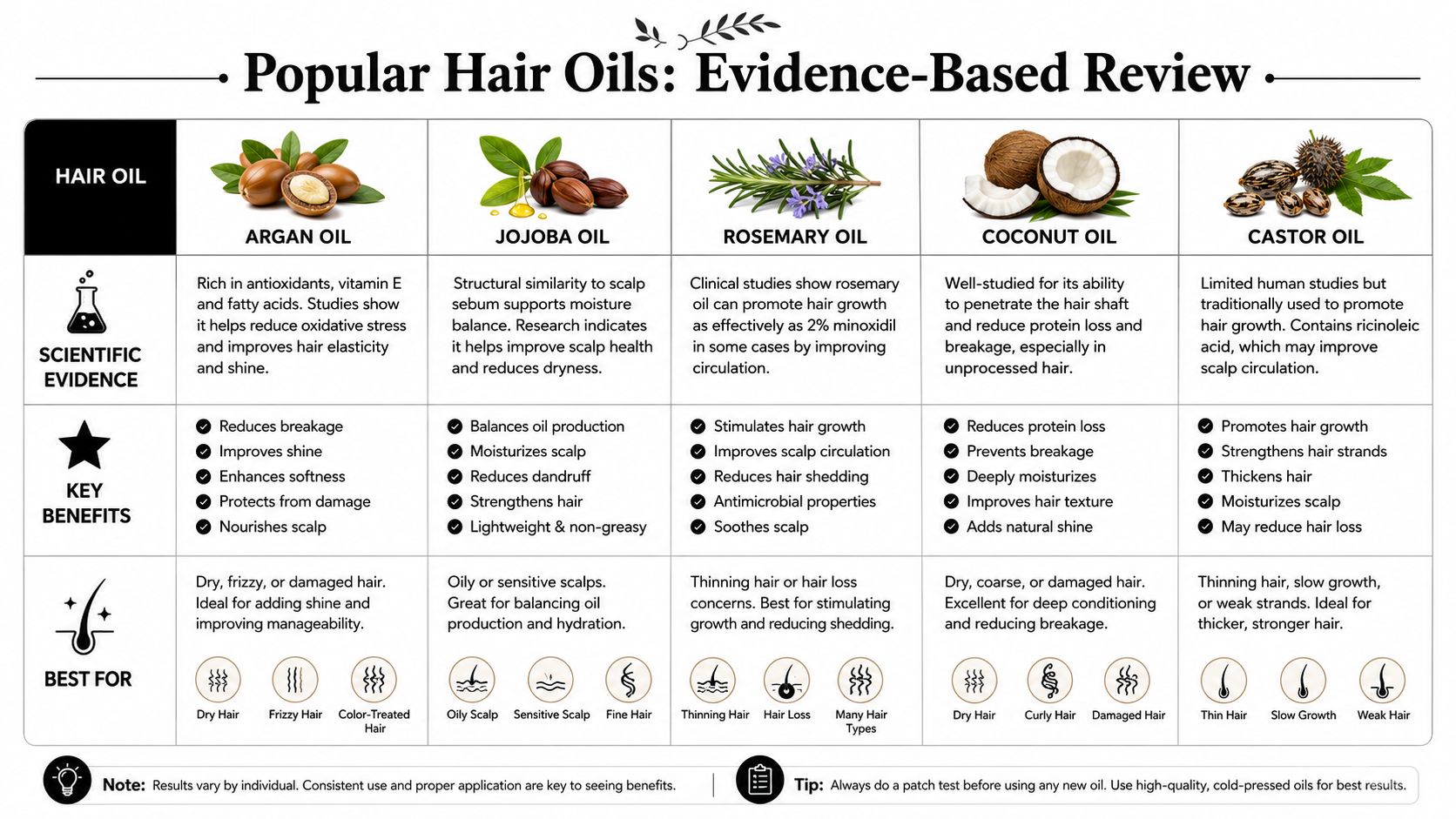 A comparison chart outlining the scientific evidence, key benefits, and recommended hair types for five popular hair oils.