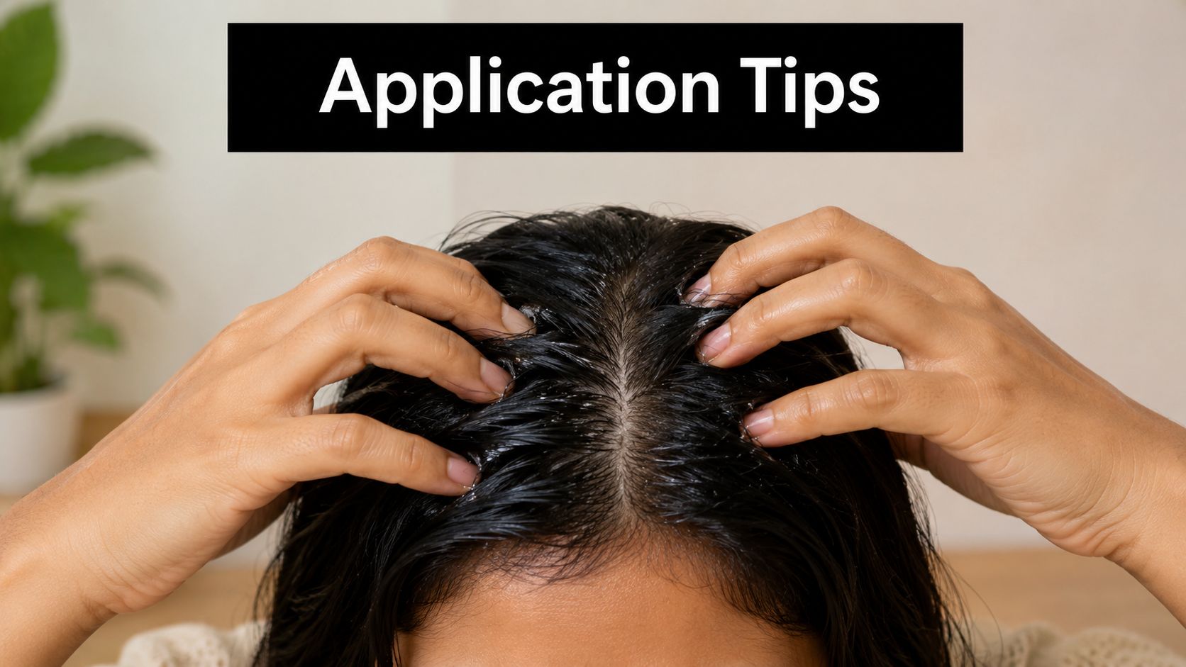 A person gently massaging oil into their scalp with their fingers to promote healthy hair growth.