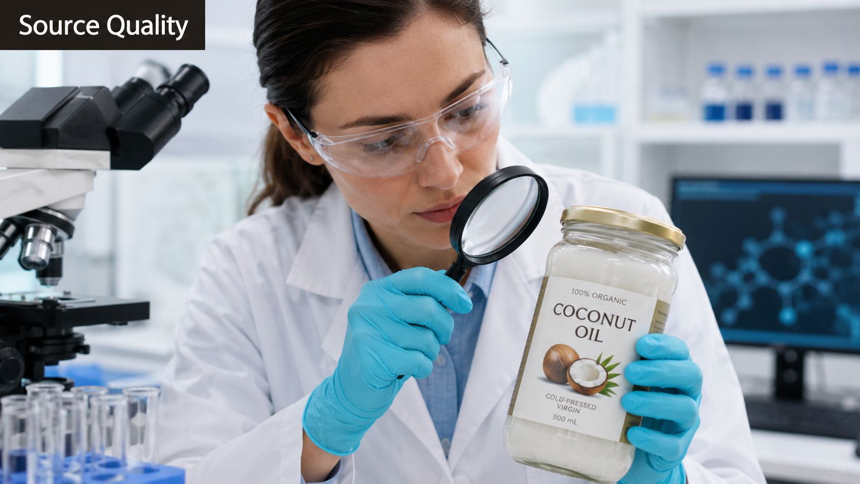 A female scientist in a laboratory inspecting a jar of organic cold-pressed virgin coconut oil with a magnifying glass.